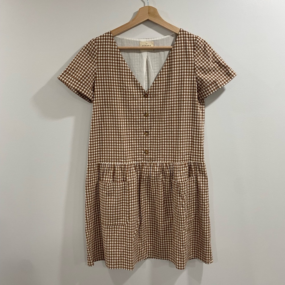 Sezane Brown Tan & White Gingham Lena V Neck Button Mini Dress